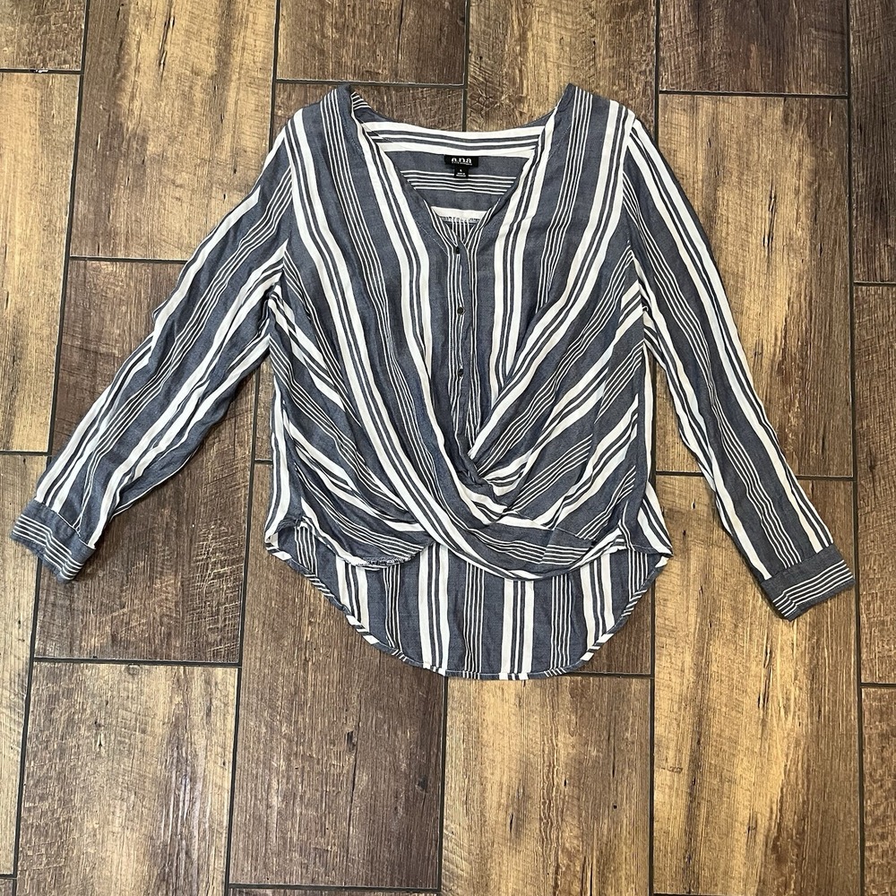 ANA A New Approach Top Womans Large Blue Strip Button Front Tie Blouse